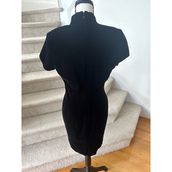 Vintage Adrianna Papell Black Crushed Velvet Rhinestone Button Sheath Dress - Picture 3 of 7